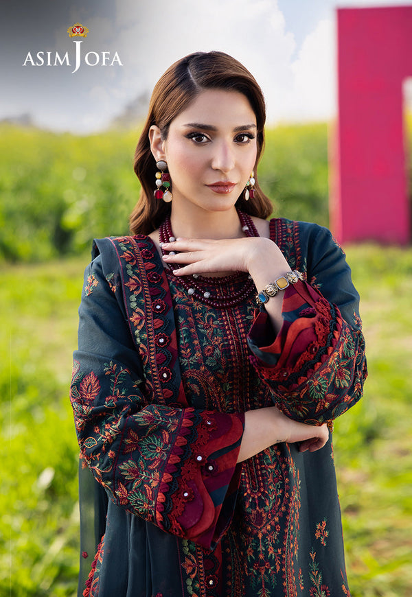 ASIM JOFA-3PC UNSTITCH DHANAK EMBROIDERED SHIRT WITH DHANAK EMBROIDERED SHAWL AND TROUSER - 677