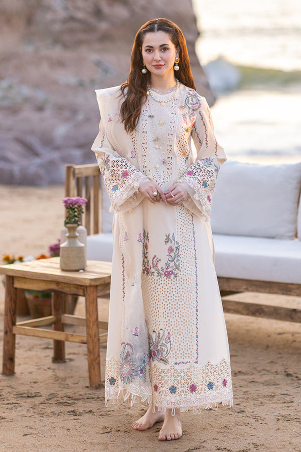 WHITE 3PC LAWN EMBROIDERED SHIRT WITH ORGANZA CUTWORK EMBROIDERED DUPATTA AND TROUSER - 455
