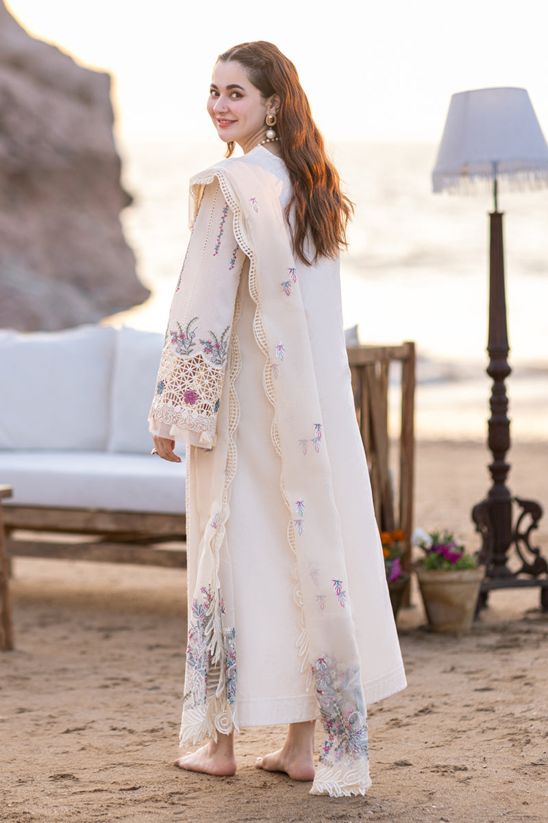 QALAMKAR -WHITE 3PC LAWN EMBROIDERED SHIRT WITH ORGANZA CUTWORK EMBROIDERED DUPATTA AND TROUSER - 455