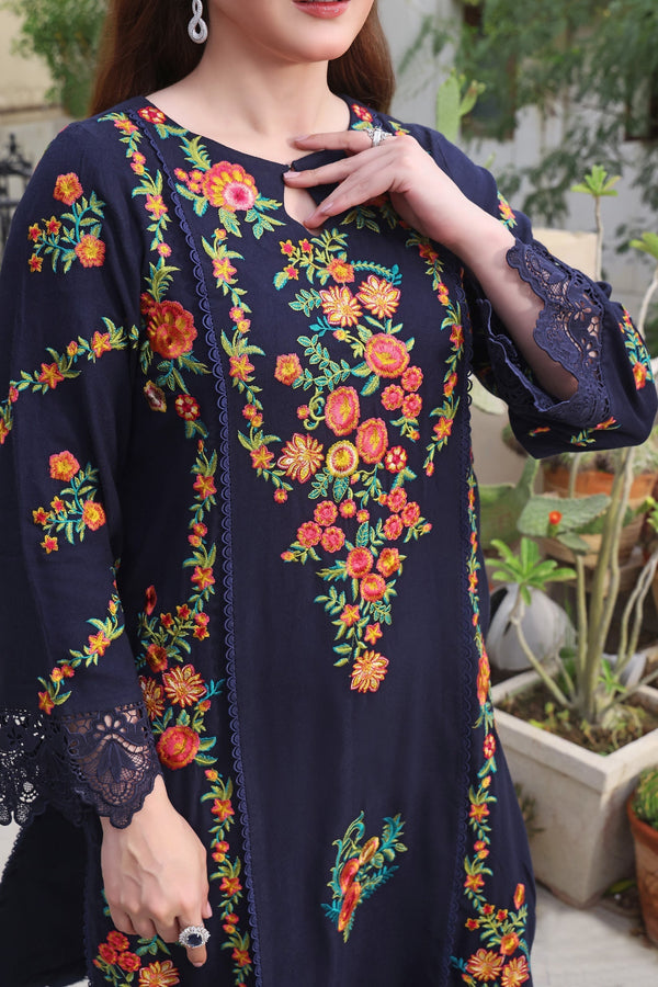 ASIM JOFA-3PC UNSTITCH DHANAK EMBROIDERED SHIRT WITH COURTRAI PRINTED SHAWL & TROUSER - 676