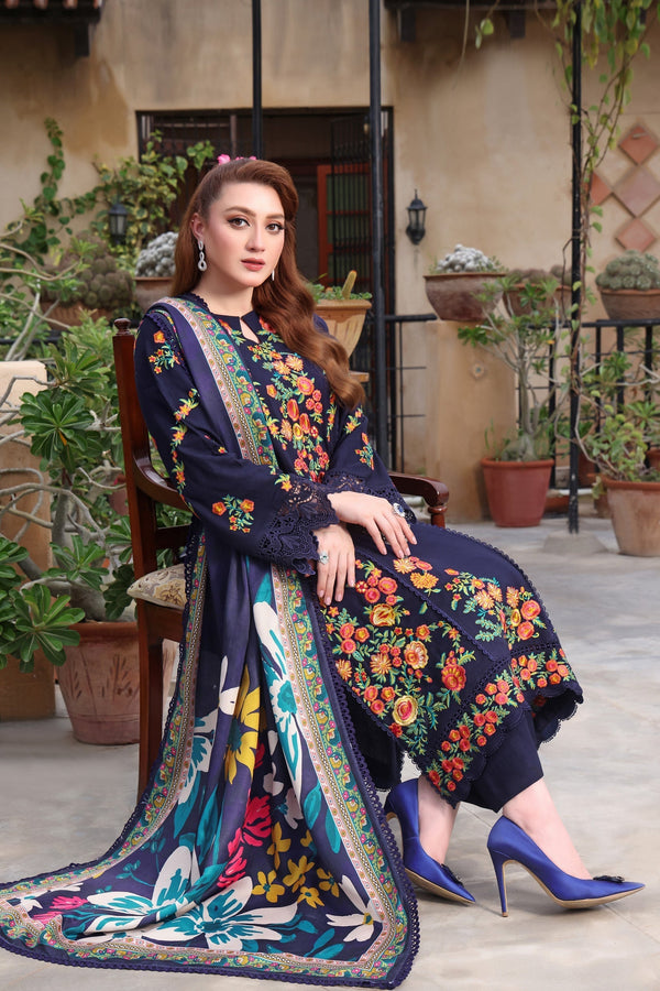 ASIM JOFA-3PC UNSTITCH DHANAK EMBROIDERED SHIRT WITH COURTRAI PRINTED SHAWL & TROUSER - 676