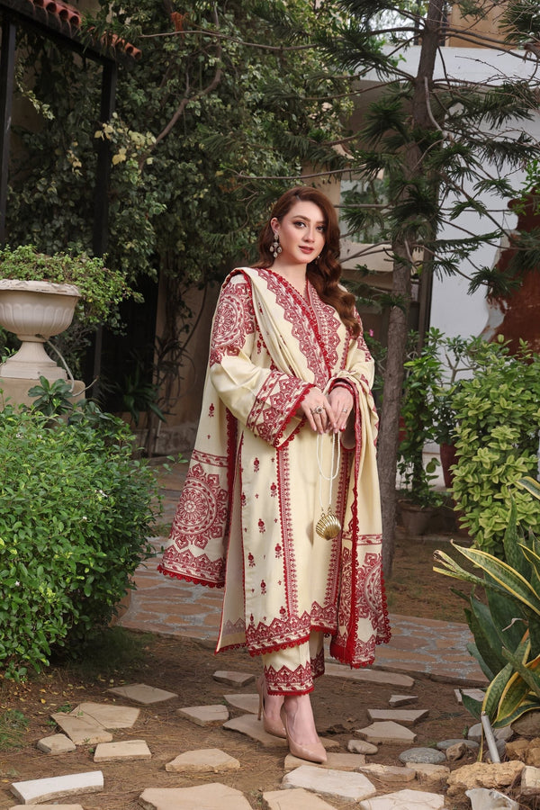 ASIM JOFA-3PC UNSTITCH DHANAK EMBROIDERED SHIRT WITH EMBROIDERED SHAWL & TROUSER- 672