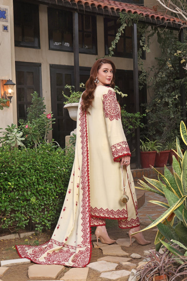 ASIM JOFA-3PC UNSTITCH DHANAK EMBROIDERED SHIRT WITH EMBROIDERED SHAWL & TROUSER- 672