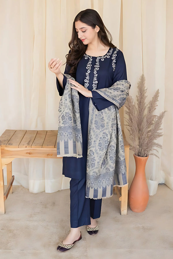 3 Piece Embroidered Shirt with Printed Wool Shawl MB-830