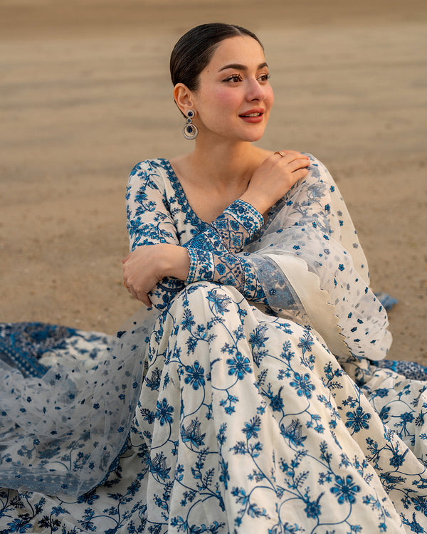 FAIZA SAQLAIN3PC LAWN EMBROIDERED SHIRT WITH NET EMBROIDERED DUPATTA AND TROUSER -718