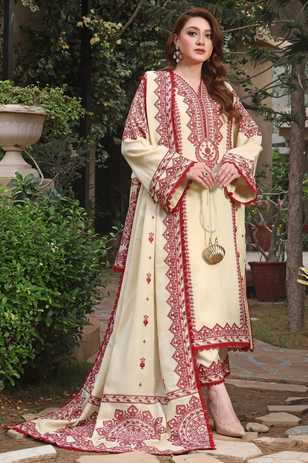 ASIM JOFA-3PC UNSTITCH DHANAK EMBROIDERED SHIRT WITH EMBROIDERED SHAWL & TROUSER- 672