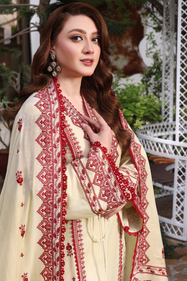 ASIM JOFA-3PC UNSTITCH DHANAK EMBROIDERED SHIRT WITH EMBROIDERED SHAWL & TROUSER- 672