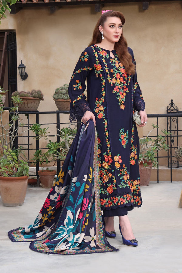ASIM JOFA-3PC UNSTITCH DHANAK EMBROIDERED SHIRT WITH COURTRAI PRINTED SHAWL & TROUSER - 676