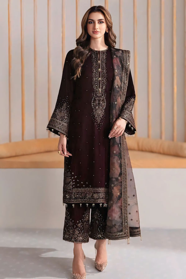 3-PC Embroidered Velvet Shirt and Trouser with Printed Organza Dupatta BQ-1015