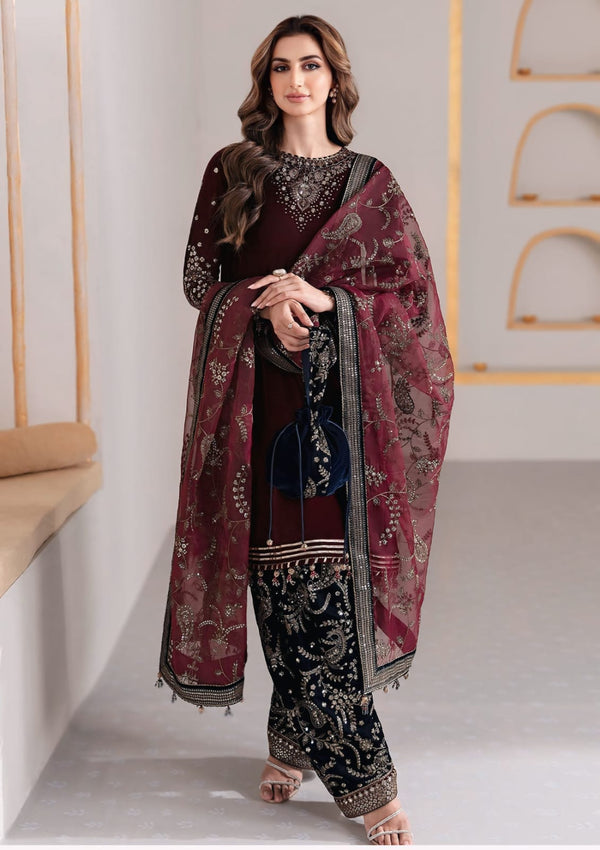3-PC Unstitch Embroidered Velvet Shirt and Trouser with Embroidered Organza Dupatta BQ-1010