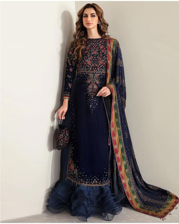 3 Pcs Embroidered Velvet Shirt and Chiffon Dupatta with Silk Trouser JZ-990