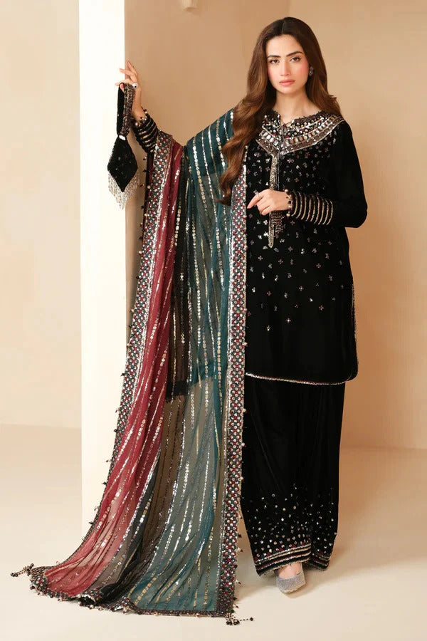 3 Pcs Embroidered Velvet Shirt and Trouser with Embroidered Chiffon dupatta JZ-995