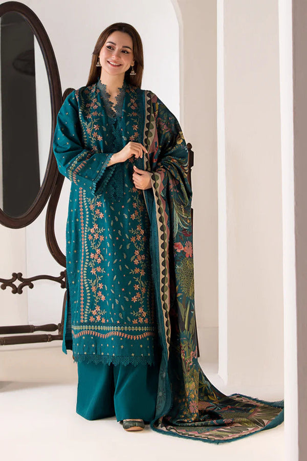 3-Piece Unstitch Embroidered Dhanak Shirt with Printed Wool Shawl SN-61