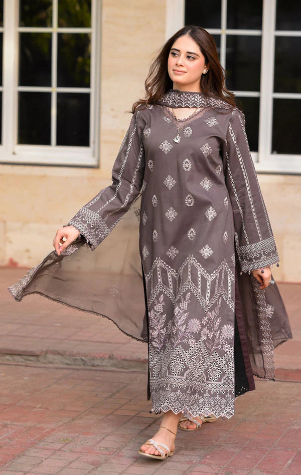 LIBAAS - 3PC DHANAK EMBROIDERED SHIRT WITH DHANAK EMBROIDERED SHAWL AND TROUSER - 681