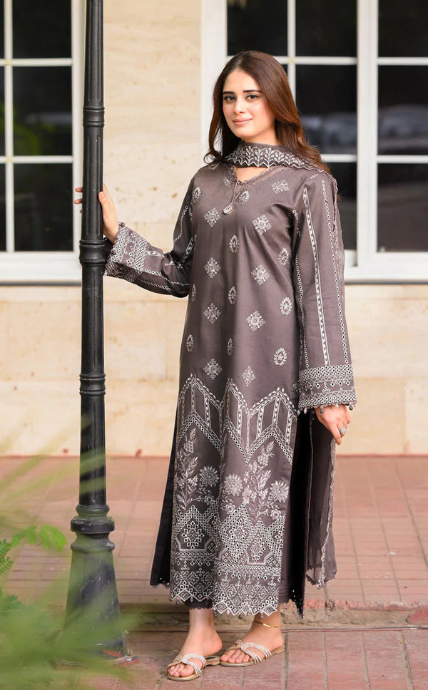 LIBAAS - 3PC DHANAK EMBROIDERED SHIRT WITH DHANAK EMBROIDERED SHAWL AND TROUSER - 681