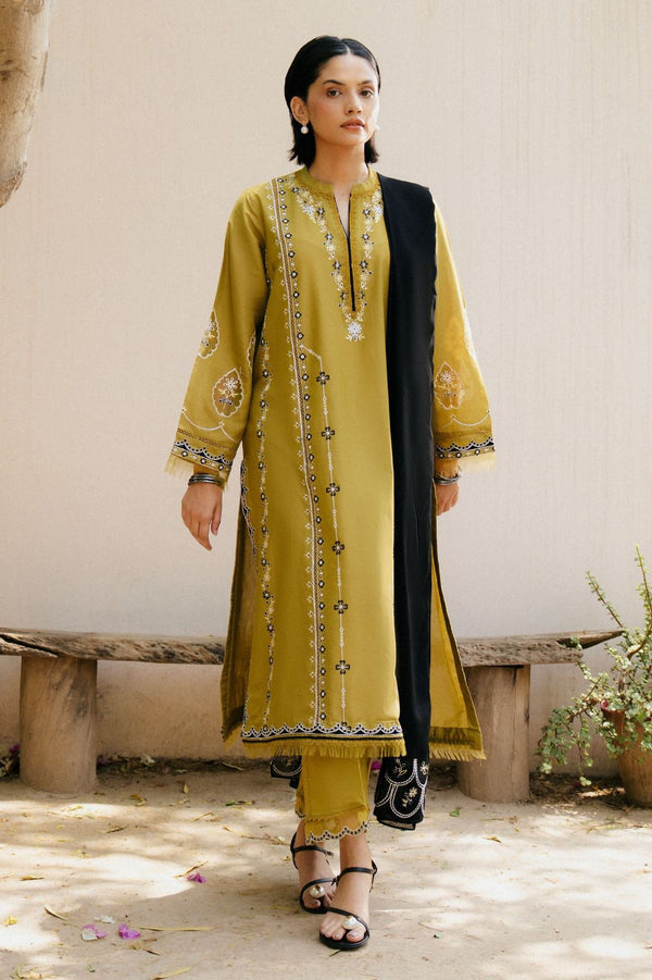 ZARA SHAHJAHAN-3PC DHANAK EMBROIDERED SHIRT WITH CHIFFON EMBROIDERED SHAWL & DHANAK TOUSER- 673