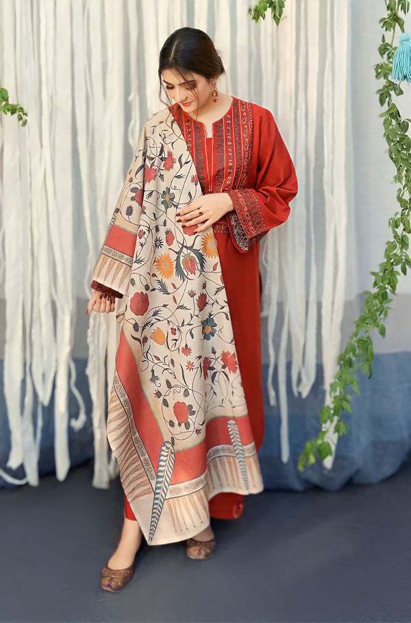 3 Piece Embroidered Dhanak Shirt with Printed wool shawl BR-845