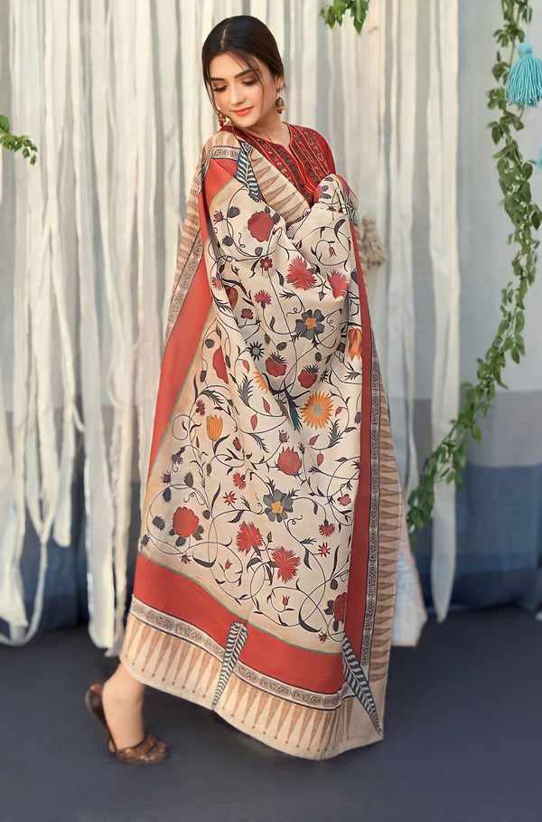 3 Piece Embroidered Dhanak Shirt with Printed wool shawl BR-845