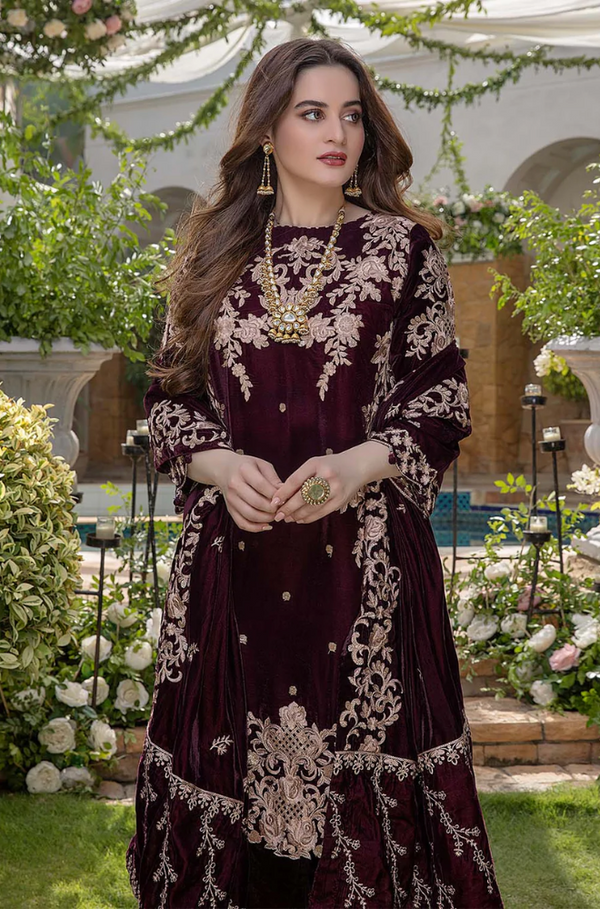 3 Piece Embroidered Velvet Shirt and Shawl with Silk trouser MB-1065