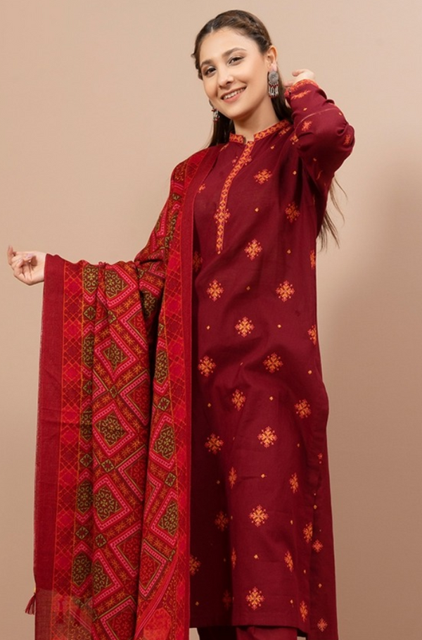 3 Piece Embroidered Dhanak Shirt WithPrinted Wool Shawl RS-705