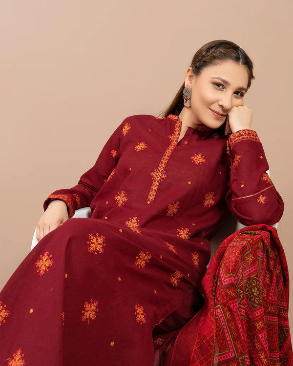 3 Piece Embroidered Dhanak Shirt WithPrinted Wool Shawl RS-705