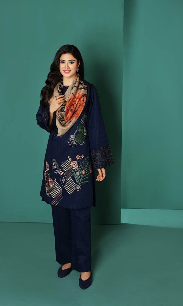 3 Piece Embroidered Dhanak Shirt with Printed Wool Shawl NS-195