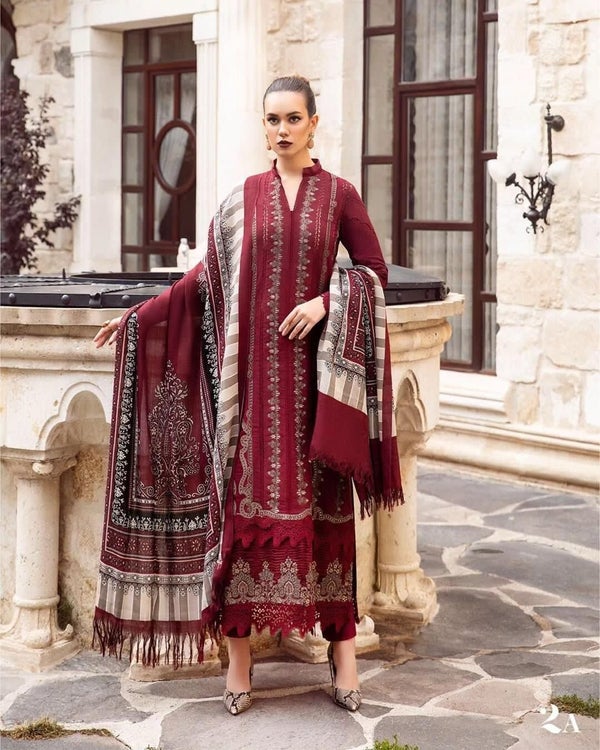 3 Piece Embroidered Dhanak Shirt with Printed Wool Shawl MB-48