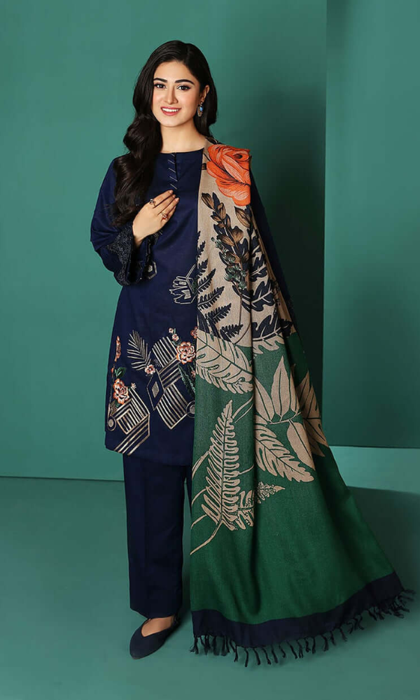 3 Piece Embroidered Dhanak Shirt with Printed Wool Shawl NS-195