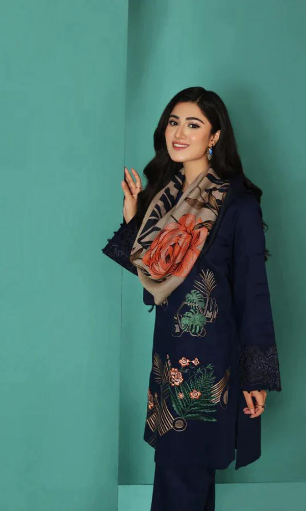3 Piece Embroidered Dhanak Shirt with Printed Wool Shawl NS-195
