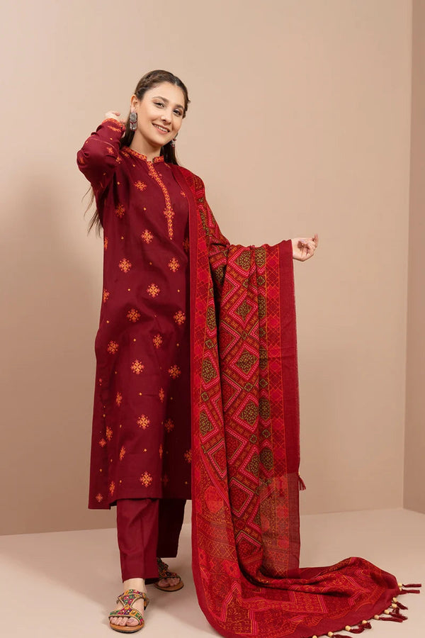 3 Piece Embroidered Dhanak Shirt WithPrinted Wool Shawl RS-705