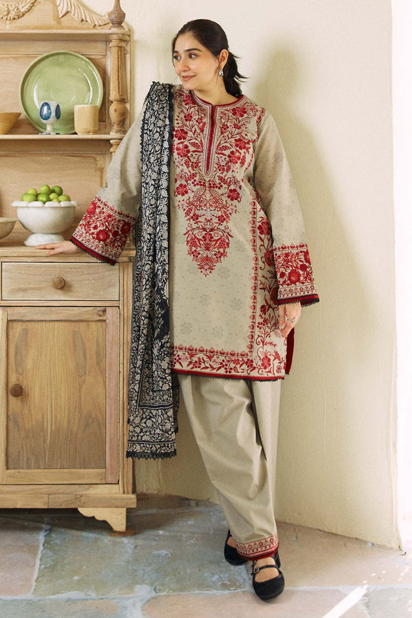 3-Piece Unstitched Heavy Embroidered Dhanak Suit ( Fine Printed Wool Shawl) ZS-57