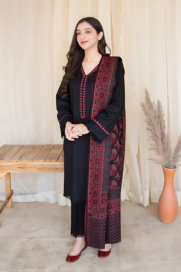 3 Piece Dhanak Shirt with Printed Wool Shawl MB-835