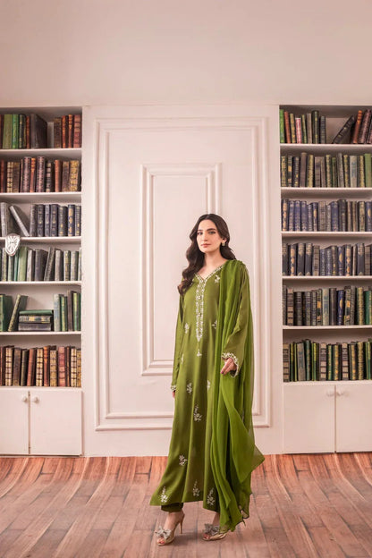 Lawn-3PC Embroidered Shirt with Chiffon Plain Dyed Dupatta-1198