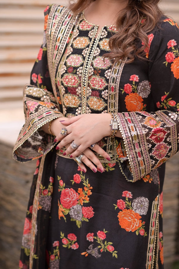 Aneelas Luxury Silk-3PC Unstitched Black 263