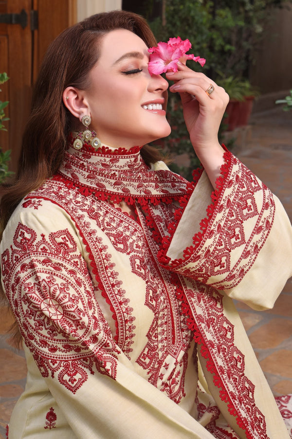 ASIM JOFA-3PC UNSTITCH DHANAK EMBROIDERED SHIRT WITH EMBROIDERED SHAWL & TROUSER- 672