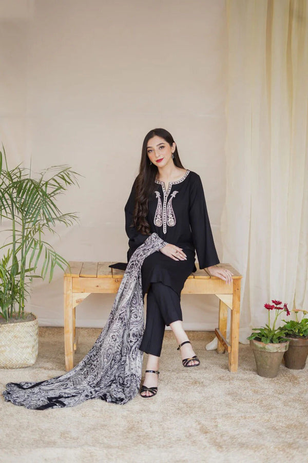 3 Piece Embroidered Dhanak Shirt with Printed Wool Shawl AS-15