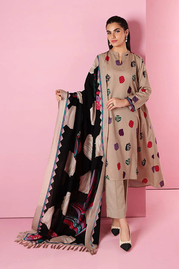 3 Piece Embroidered Dhanak Shirt with Printed Wool Shawl NS-01