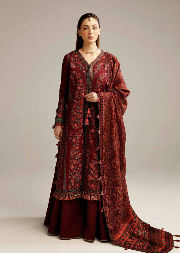 3 Piece Embroidered Dhanak Shirt with Printed Wool Shawl HR-730