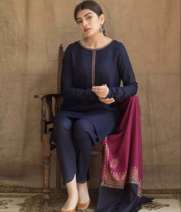 3 Piece Dhanak Shirt with Printed Wool Shawl AG-1115
