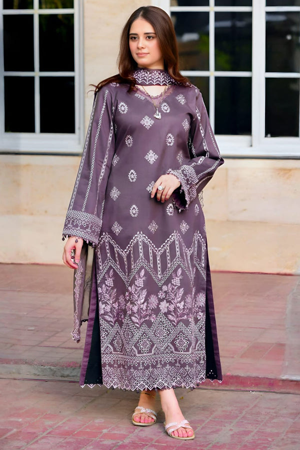 LIBAAS - 3PC DHANAK EMBROIDERED SHIRT WITH DHANAK EMBROIDERED SHAWL AND TROUSER - 681